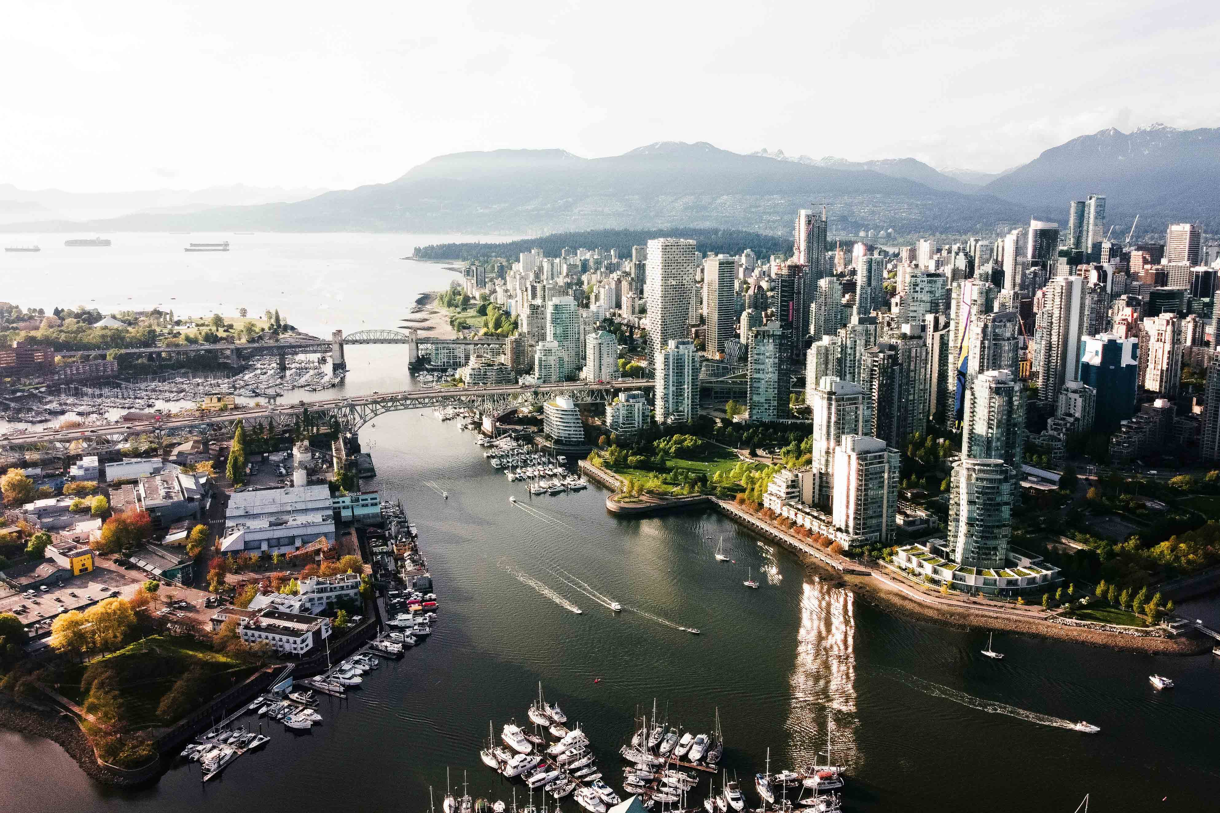 An aerial view of the harbor in Vancouver, Canada.