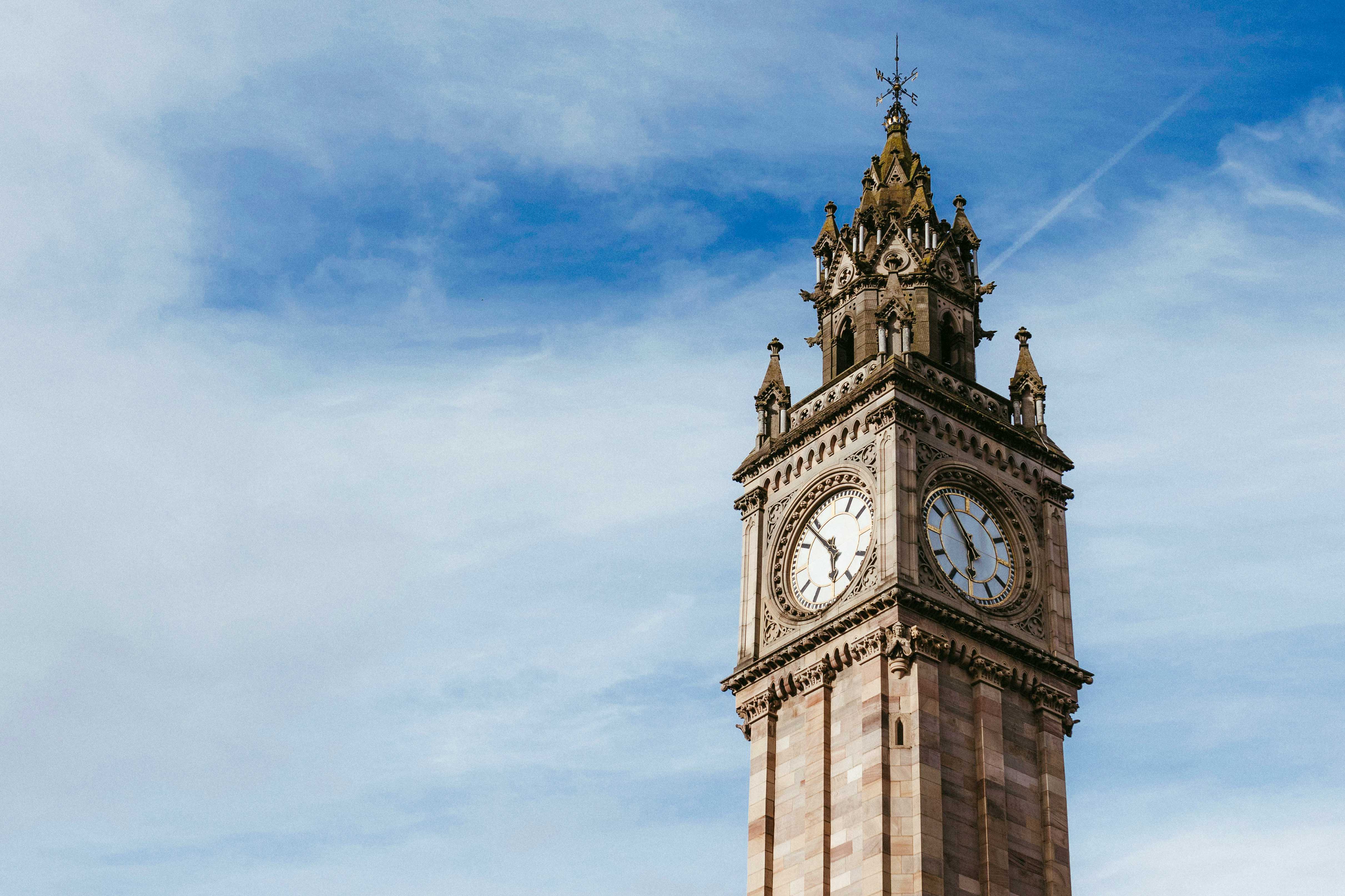 A view of a clock tower in Belfast. 
