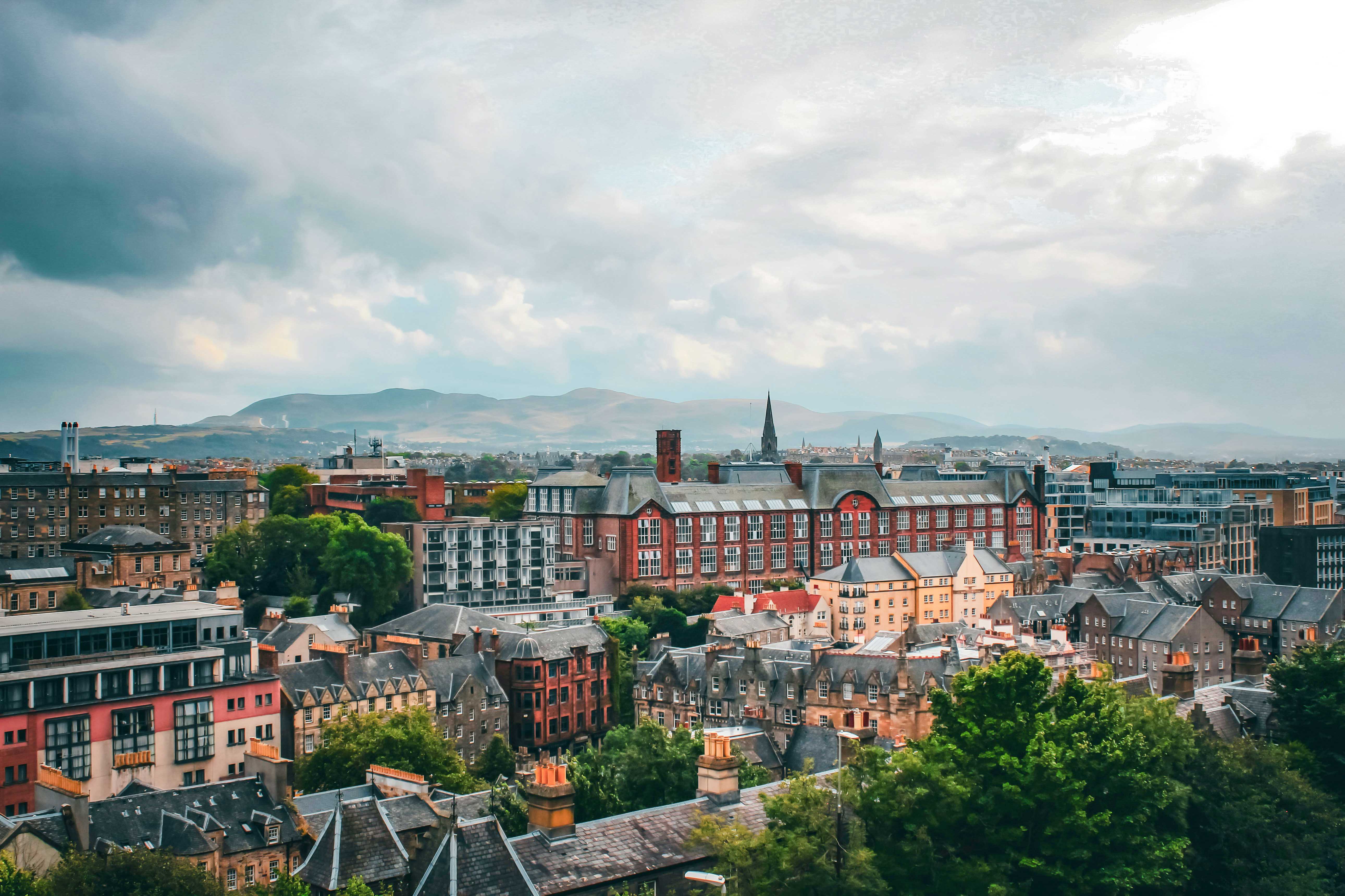 An aerial view of Edinburgh, Scotland and its rooftops. 