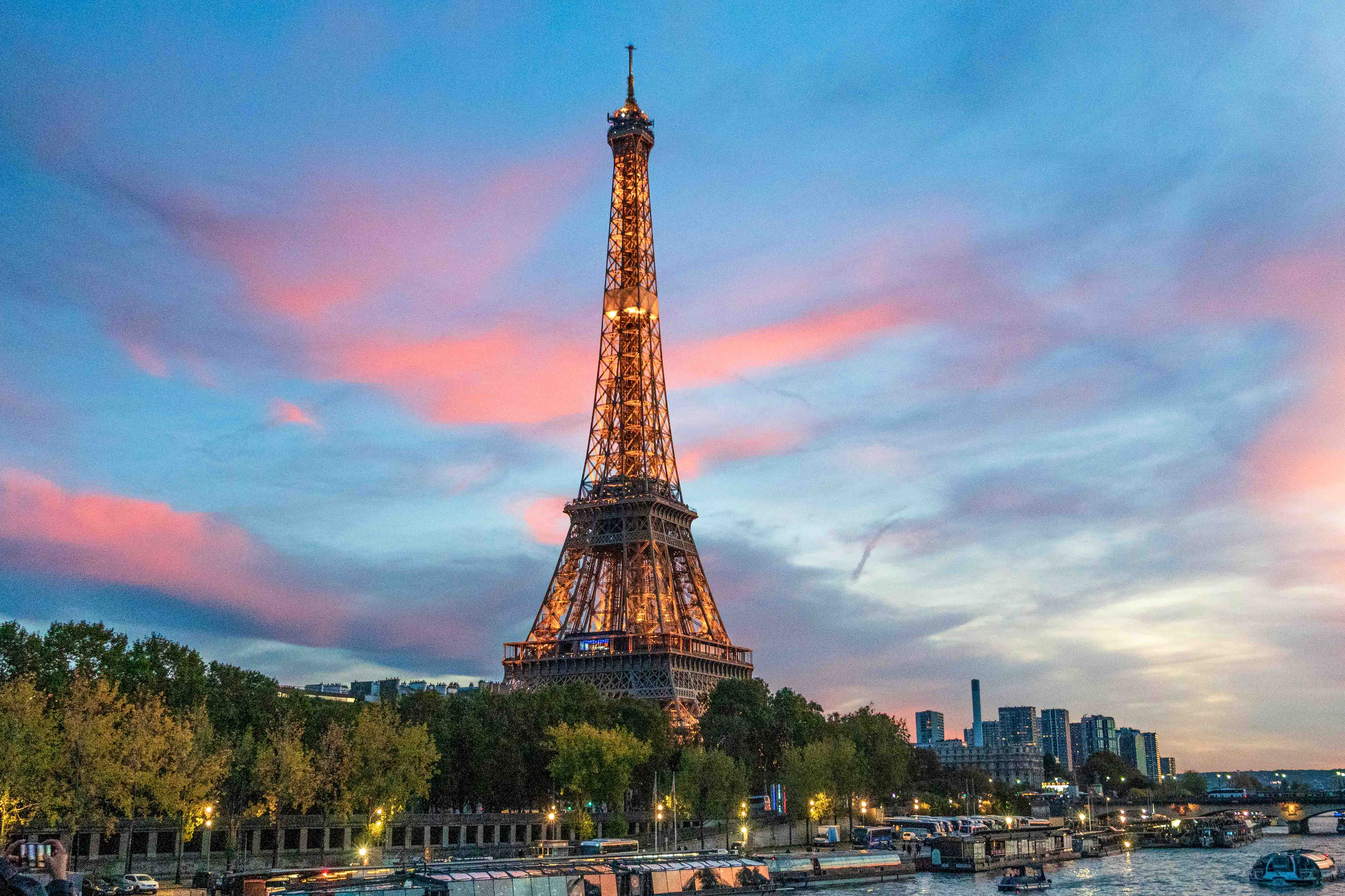 A view of the Eiffel Tower at sunset.